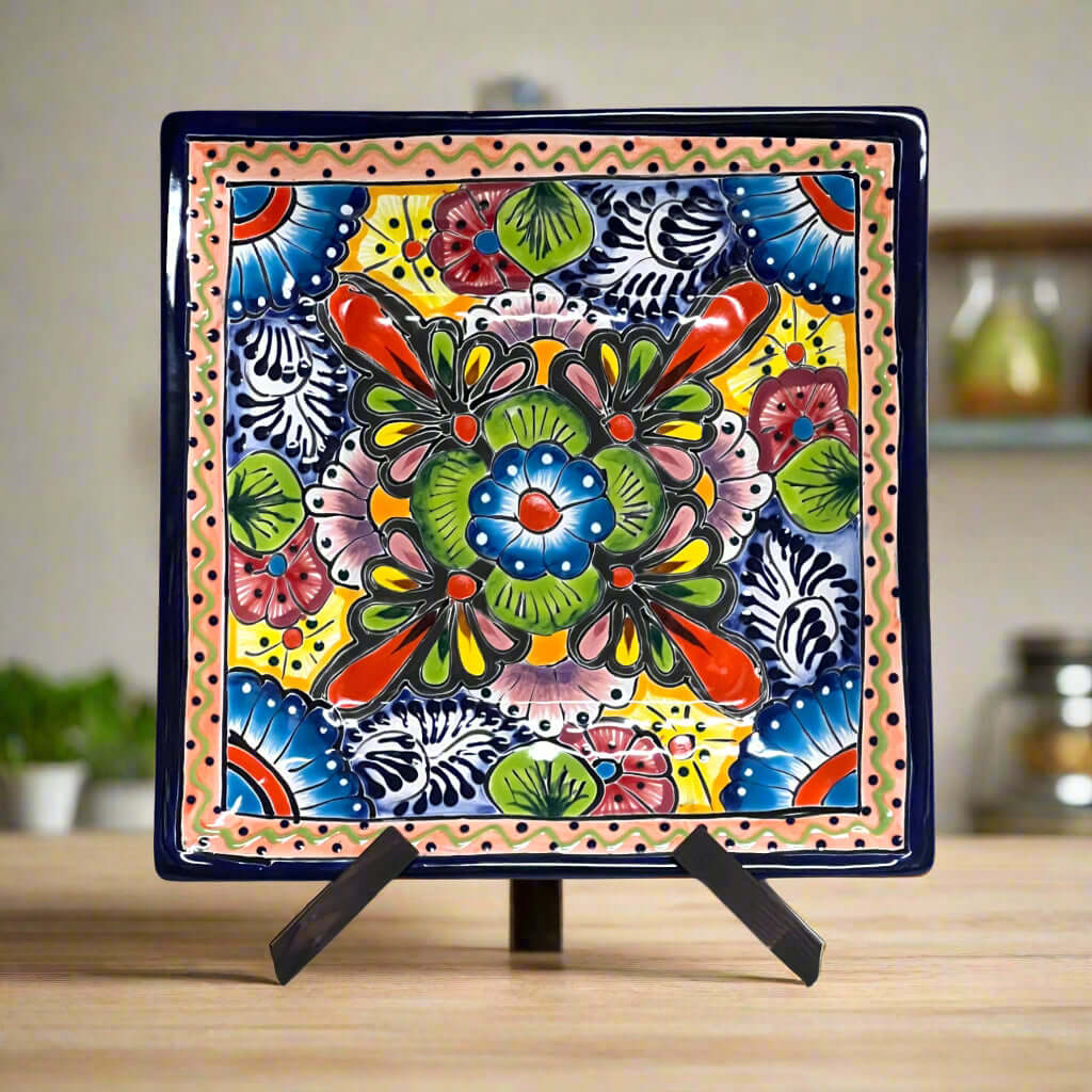 11-inch square Talavera dinner plate, hand-painted Mexican ceramic