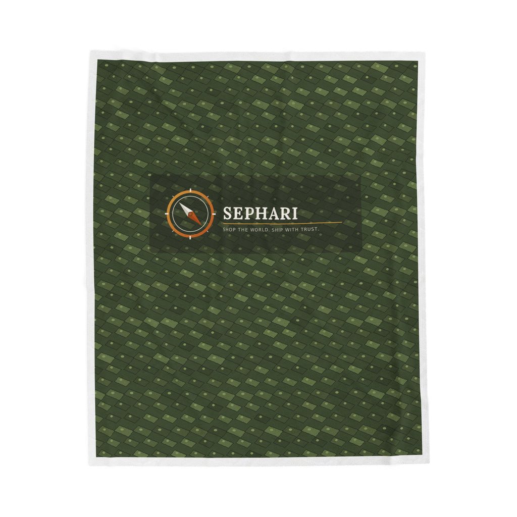 Sephari Compass velveteen plush blanket, full front view in crocodile-green patterned print