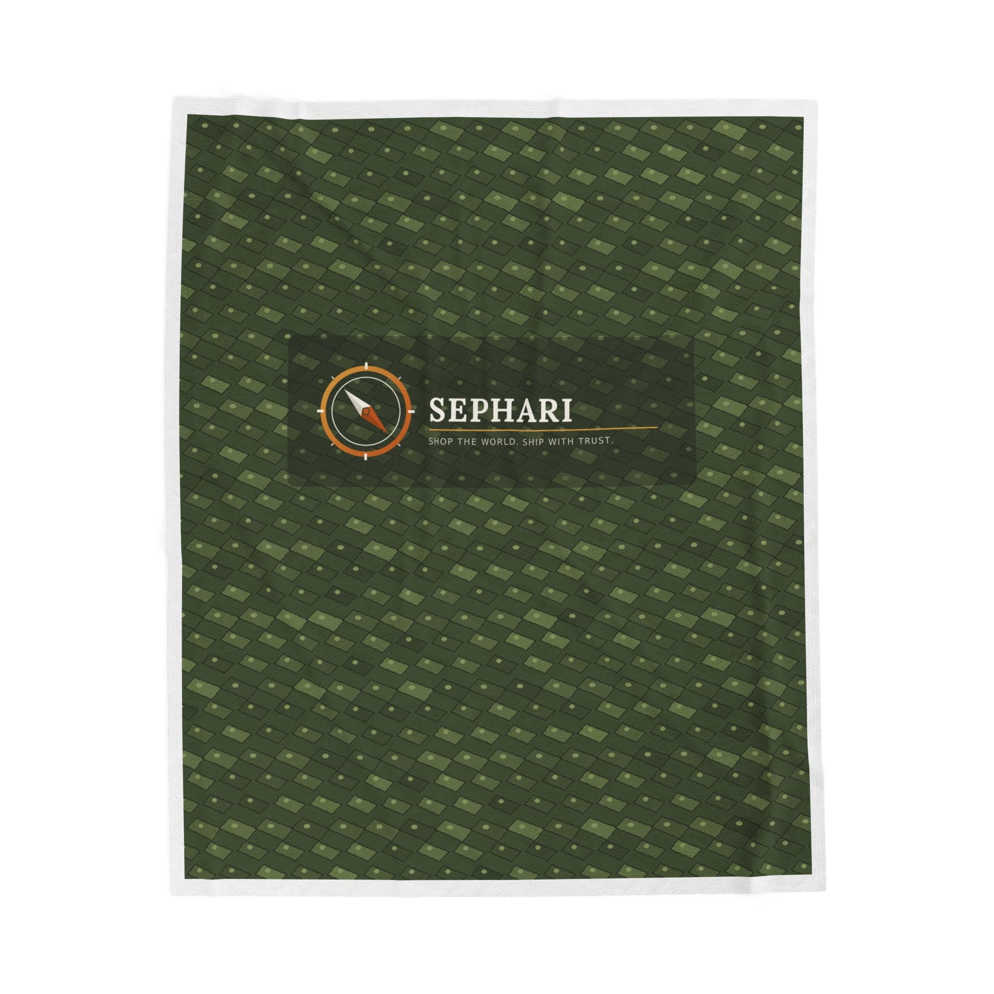 Sephari Compass velveteen plush blanket, full front view in crocodile-green patterned print