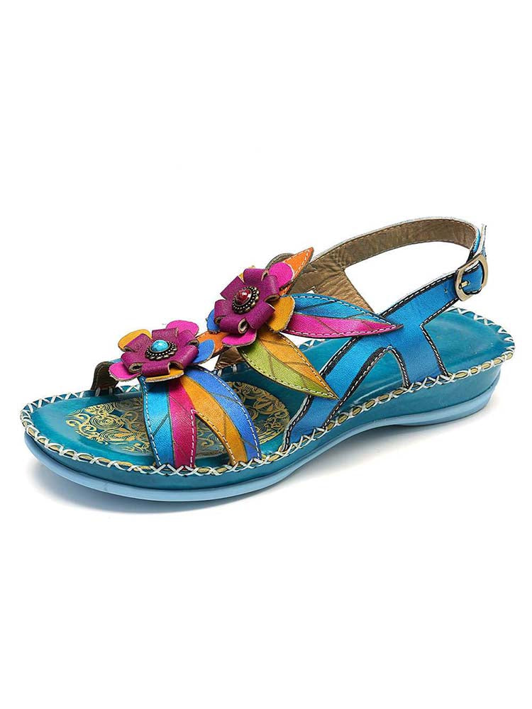 Vintage Embossing Flowers Leather Stitching Sandals