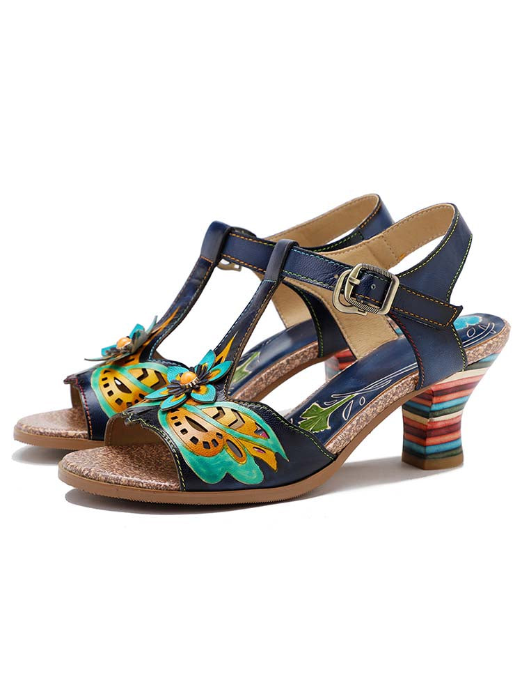 Retro Handmade Colored Stripe Heel Comfy Sandals