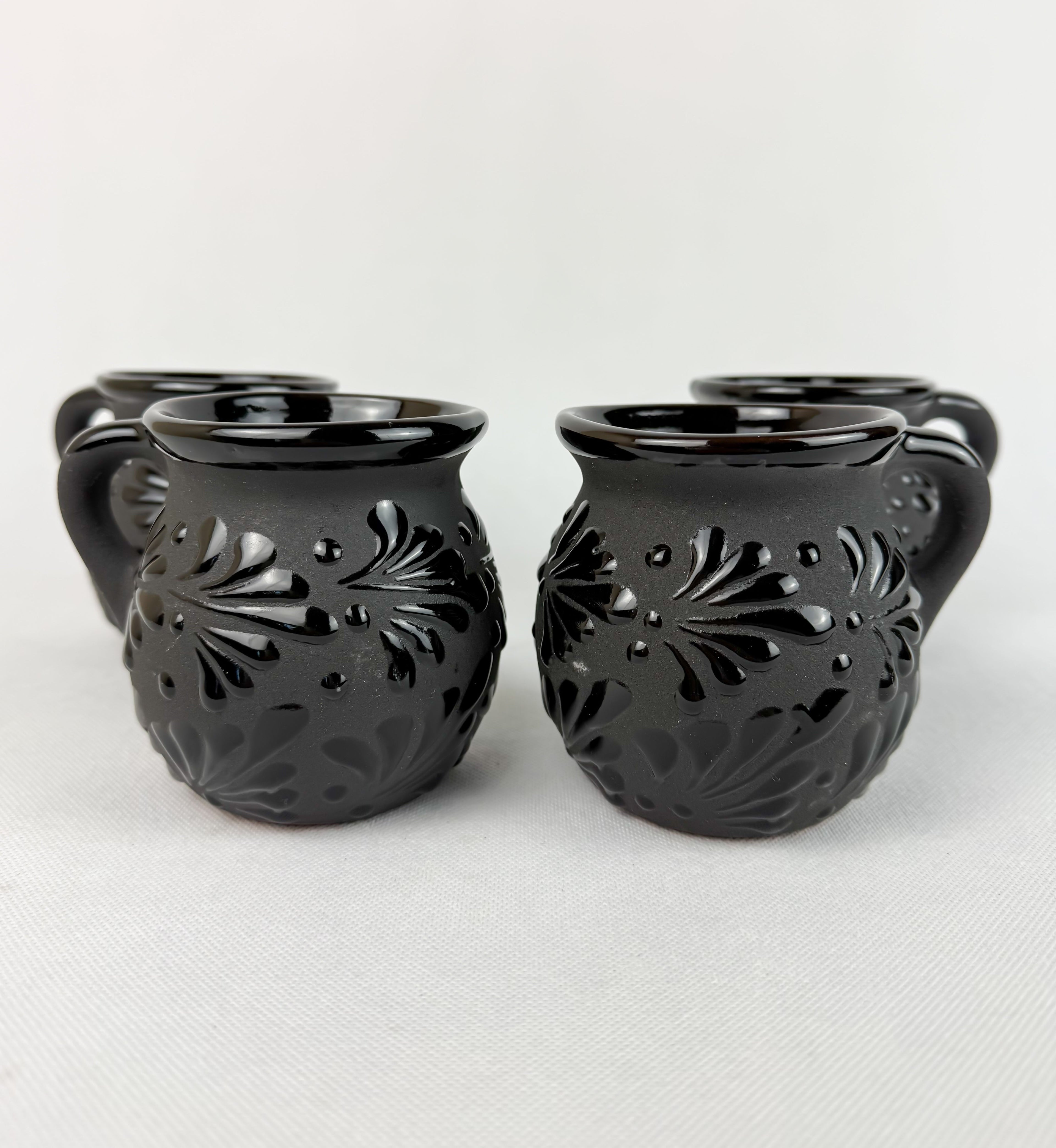 Mexican Talavera Style Mug Set Black - Jarritos Tazas Engobe Negro