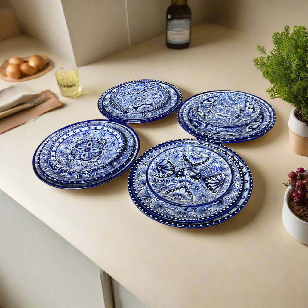 blue and white hand-painted Talavera 12-piece dinnerware set, place setting