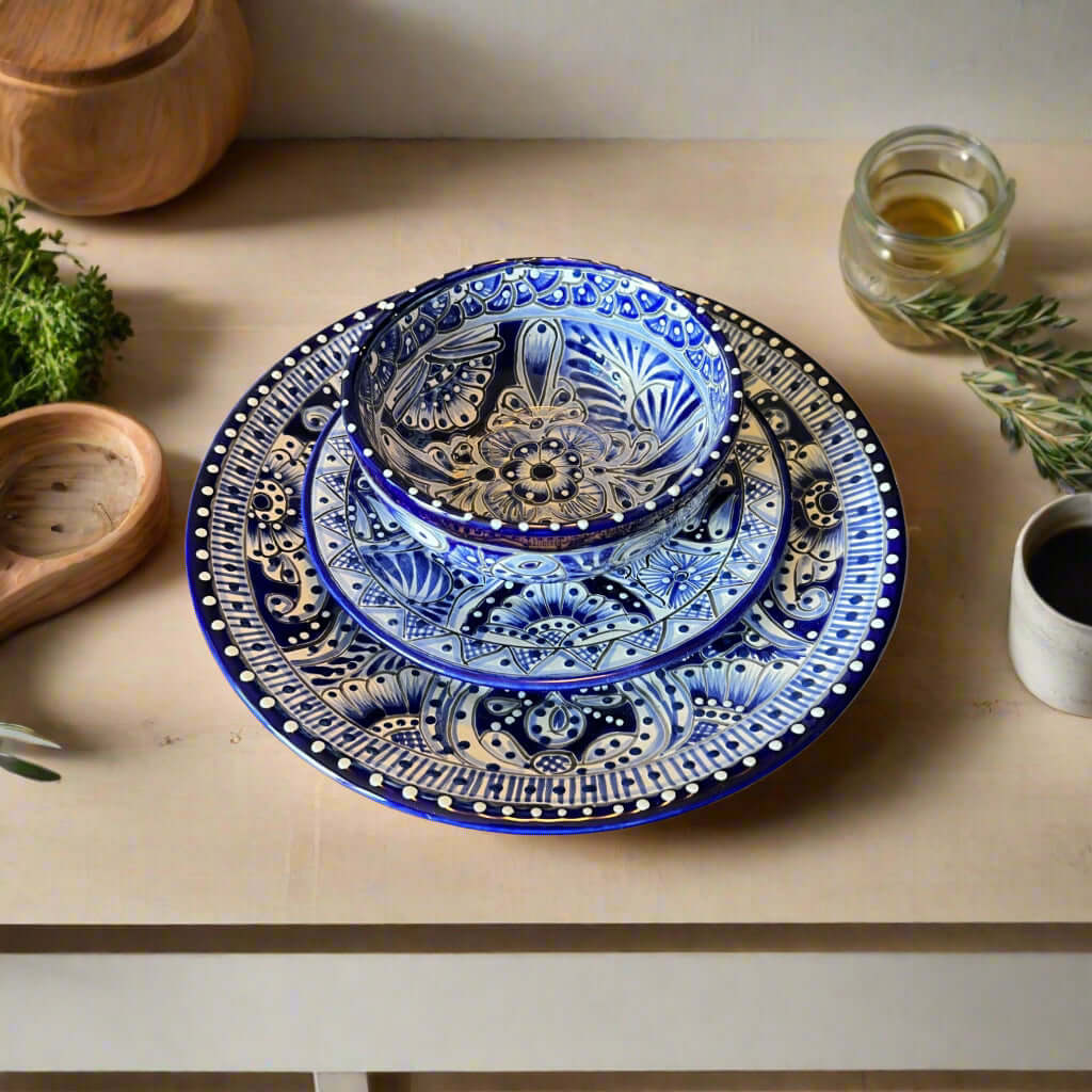 blue and white Talavera 12-piece dinnerware set, hand-painted