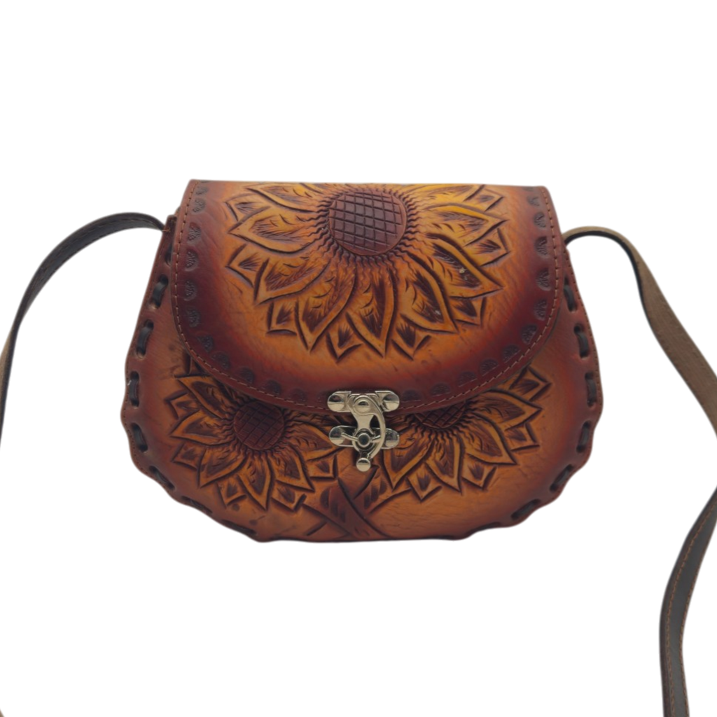 Cincelada Leather Crossbody | Hand Tooled Sunflower Purse