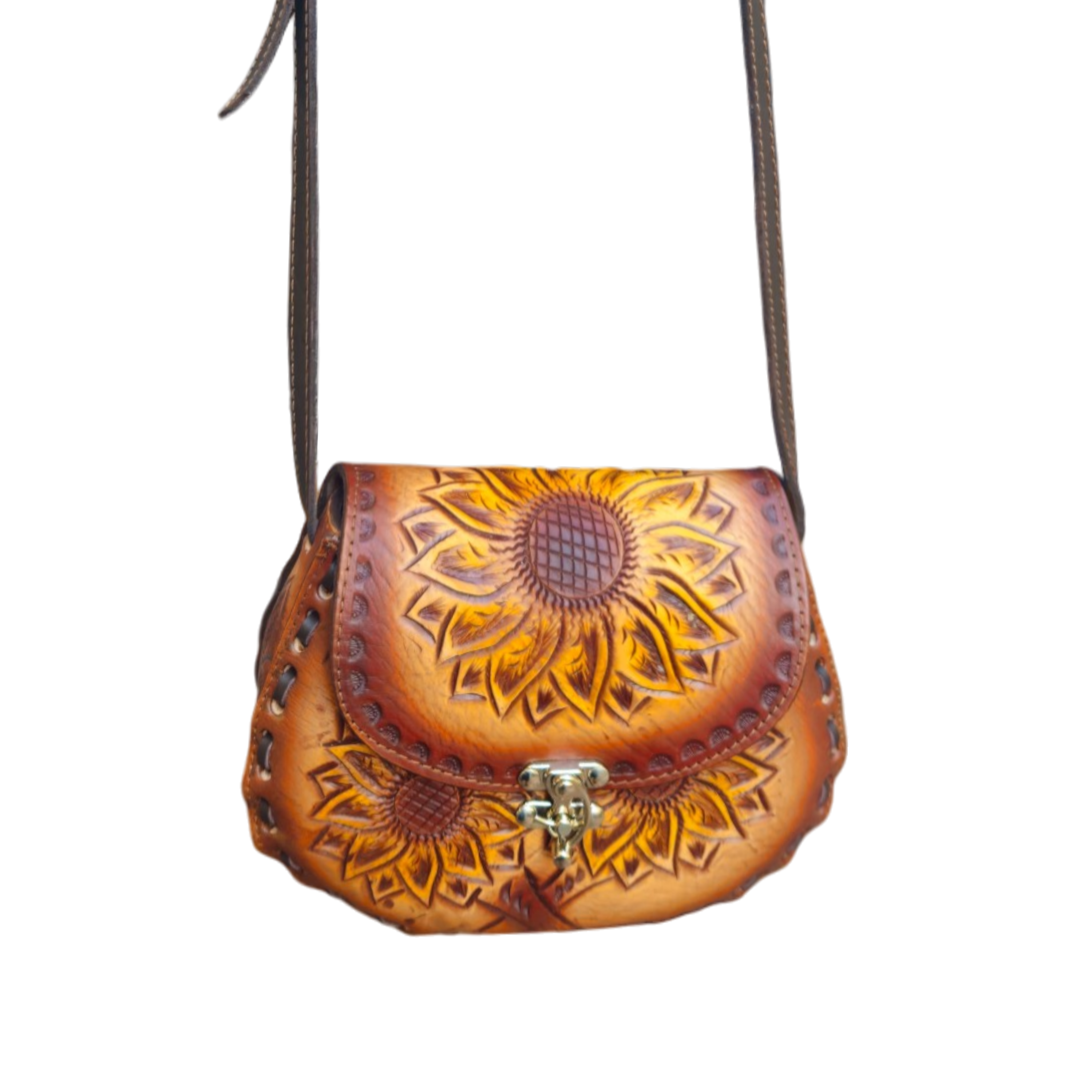 Cincelada Leather Crossbody | Hand Tooled Sunflower Purse