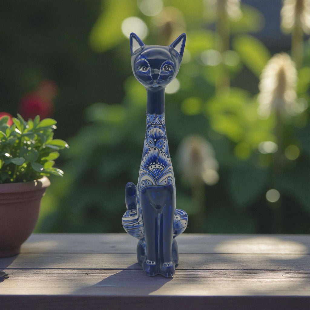 Colorful Talavera Cat Statue | Handmade Mexican Art