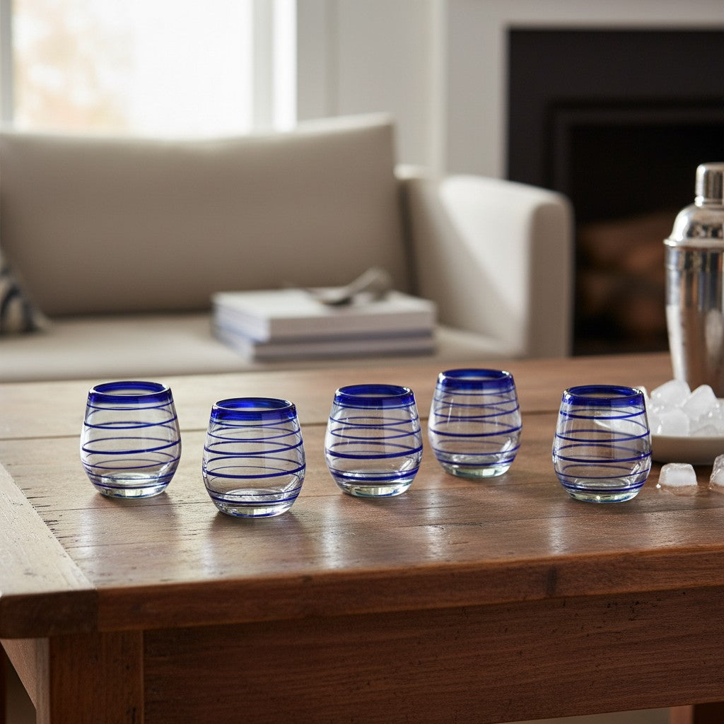 Hand-Blown Mexican Stemless Wine Glass | Cobalt Blue Spiral Design