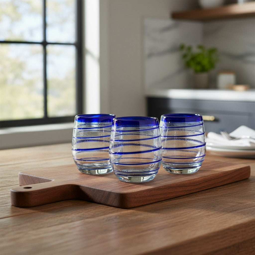 Hand-Blown Mexican Stemless Wine Glass | Cobalt Blue Spiral Design