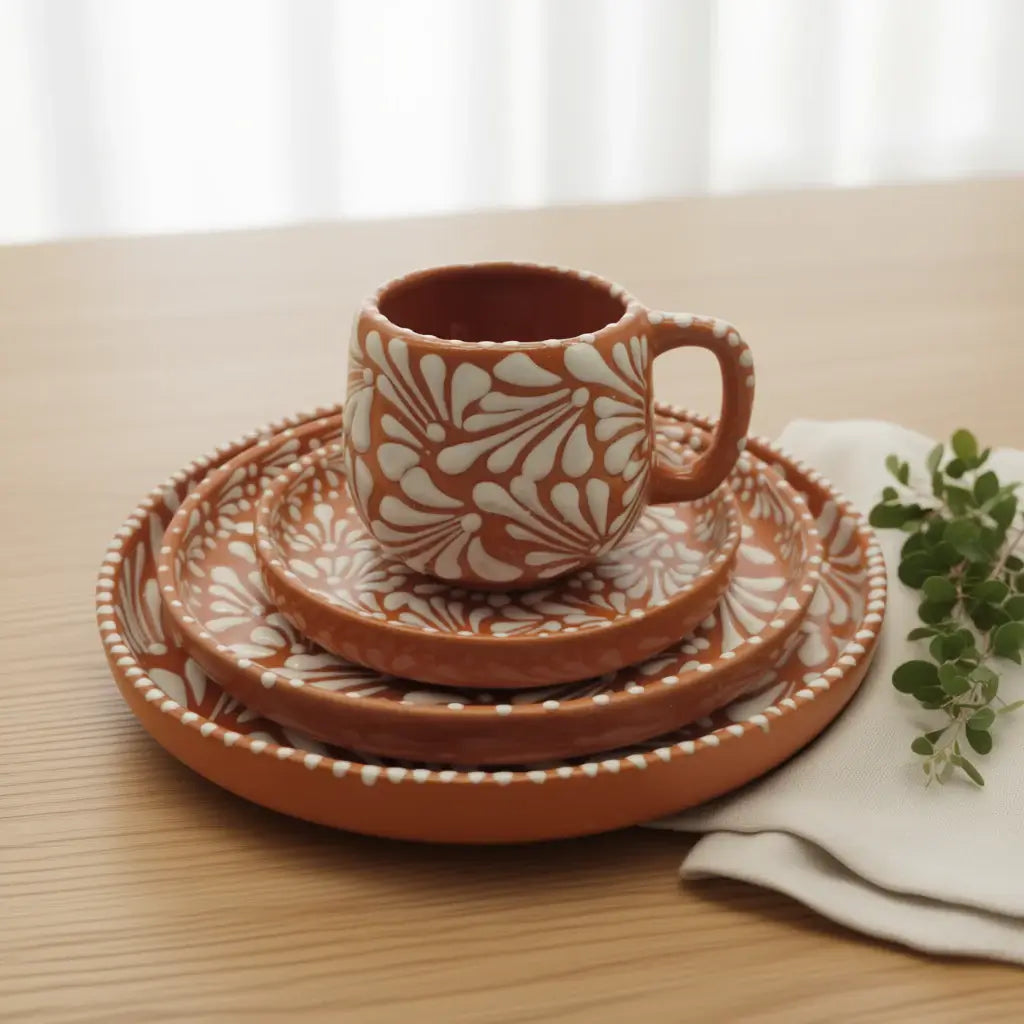 handmade Talavera dinnerware set, brown and white, 4-piece