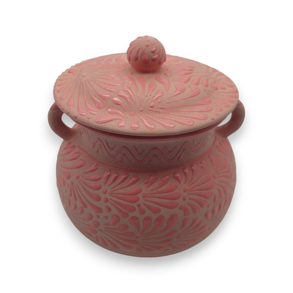 Pink Talavera Clay Bean Pot with Lid | Mexican Folk Art