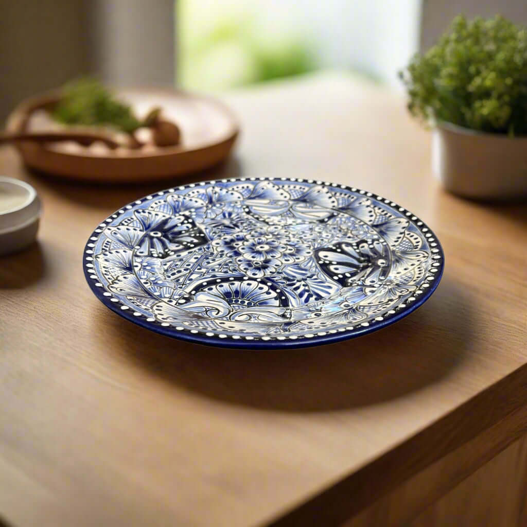 10-inch blue and white Talavera dinner plate, Mexican ceramic