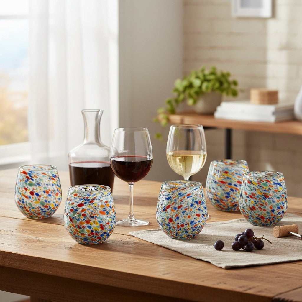 Handblown XL Stemless Wine Glass | Confetti Pebble Pattern