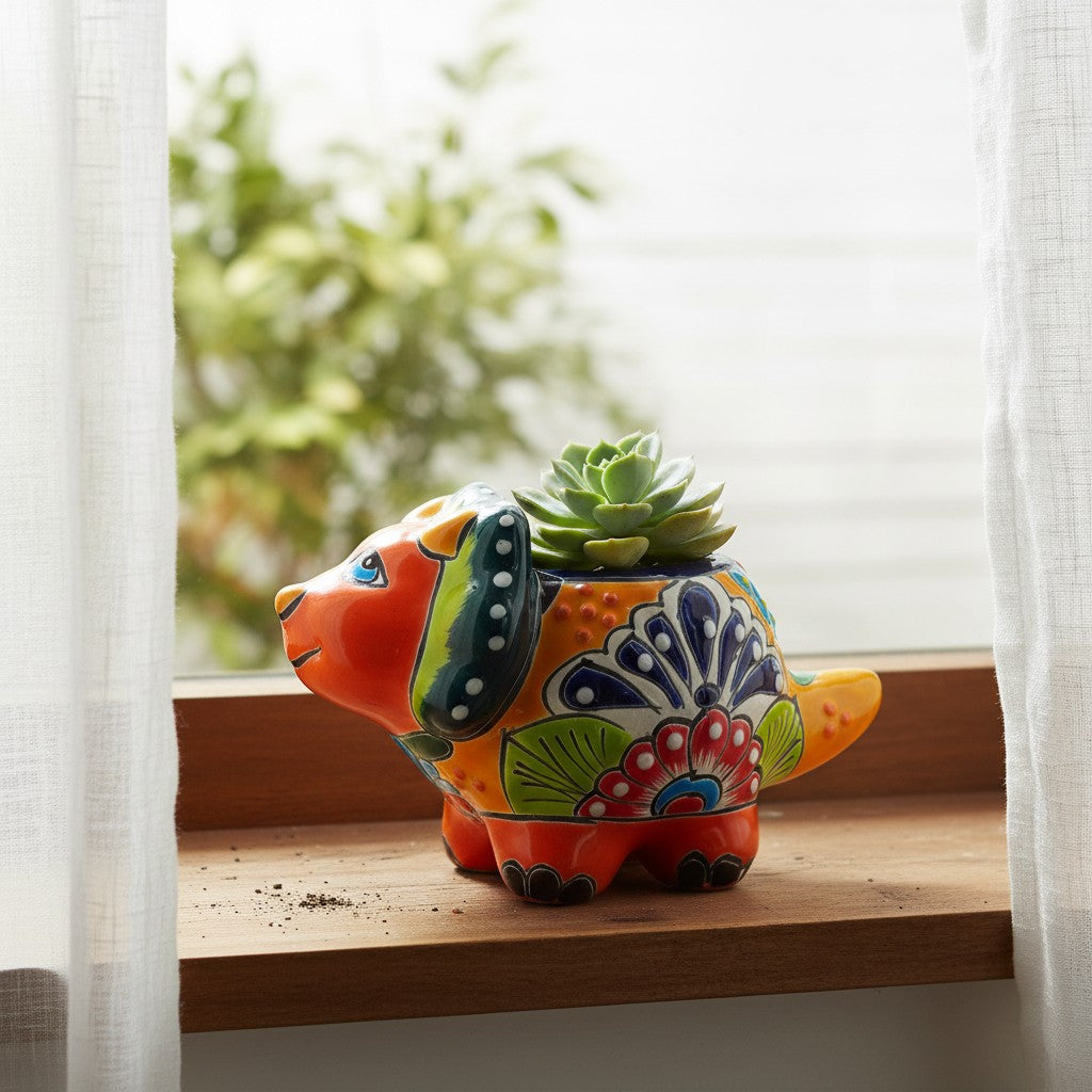 Talavera Triceratops Planter | Colorful Dinosaur Pot