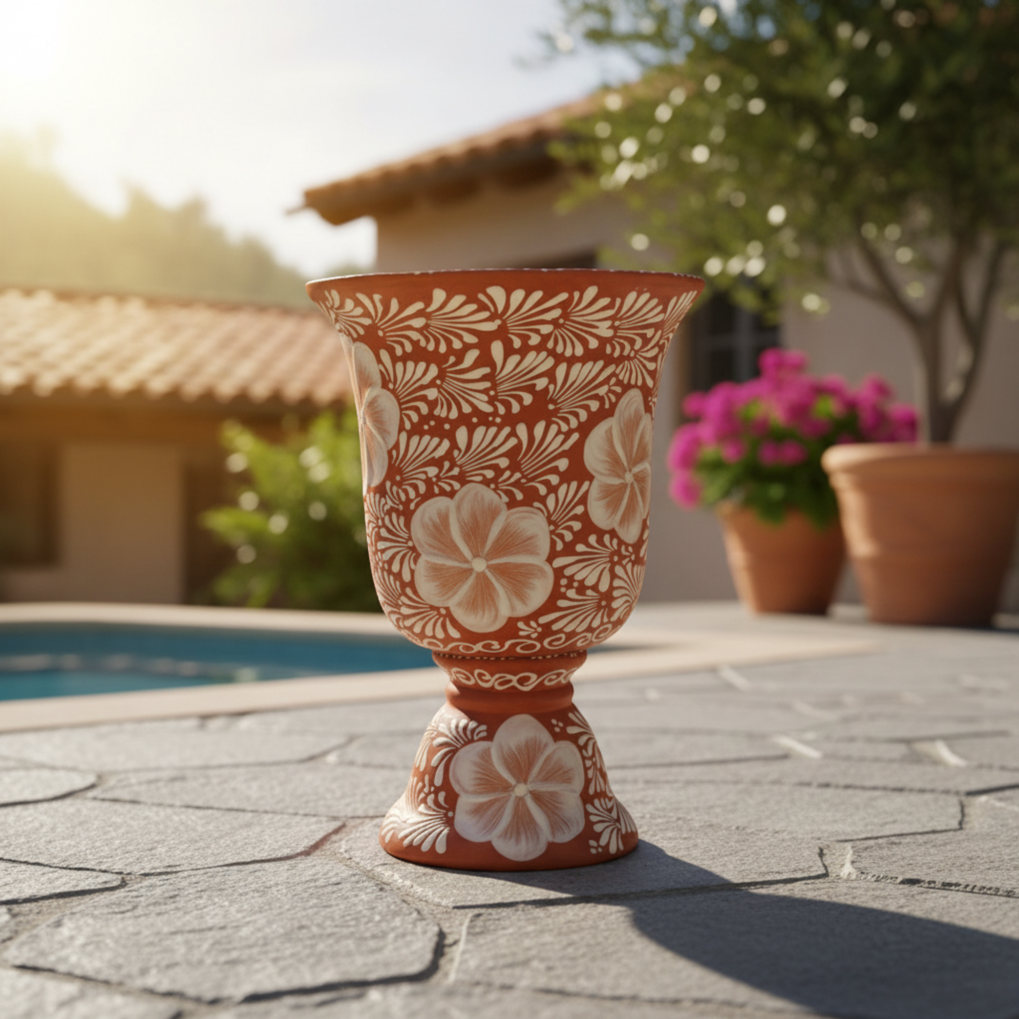 XL Brown & White Talavera Pedestal Planter | Handmade Flower Pot